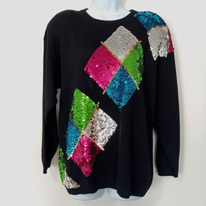 Vintage Victoria Harbour Black‎ Sequin Argyle Sweater Embellished Holiday Medium